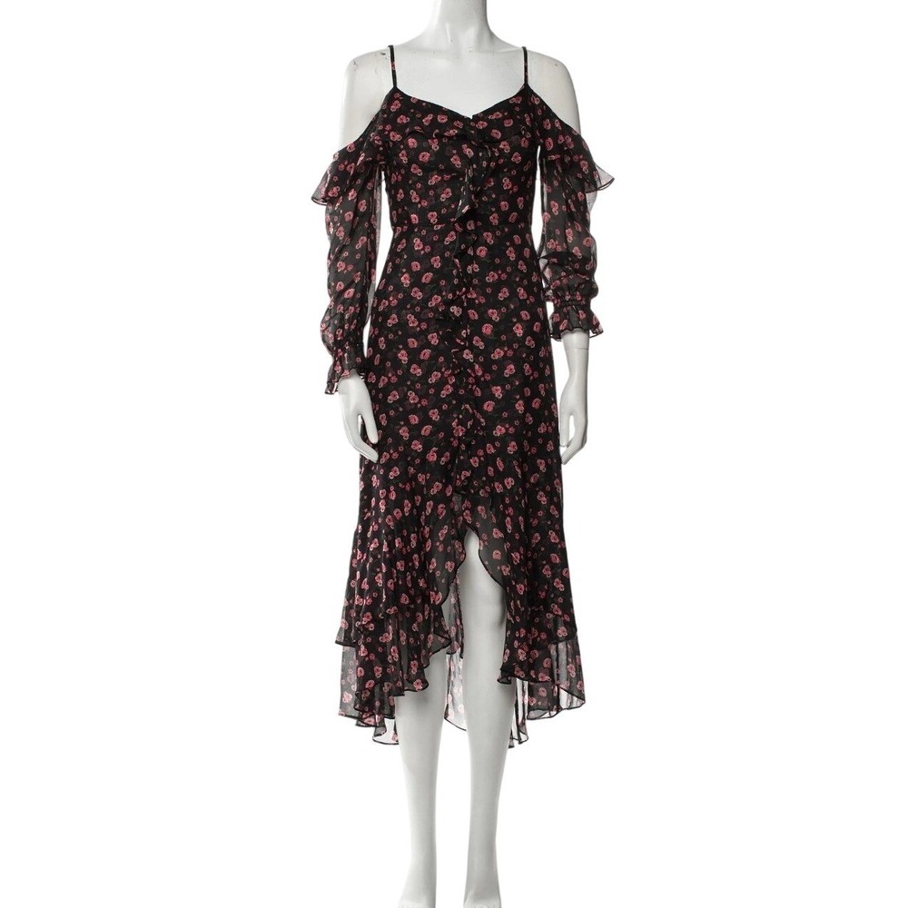 Intermix Silk Floral Cold Shoulder Ruffle‎ High Low Midi Dress Black Pink Size 0